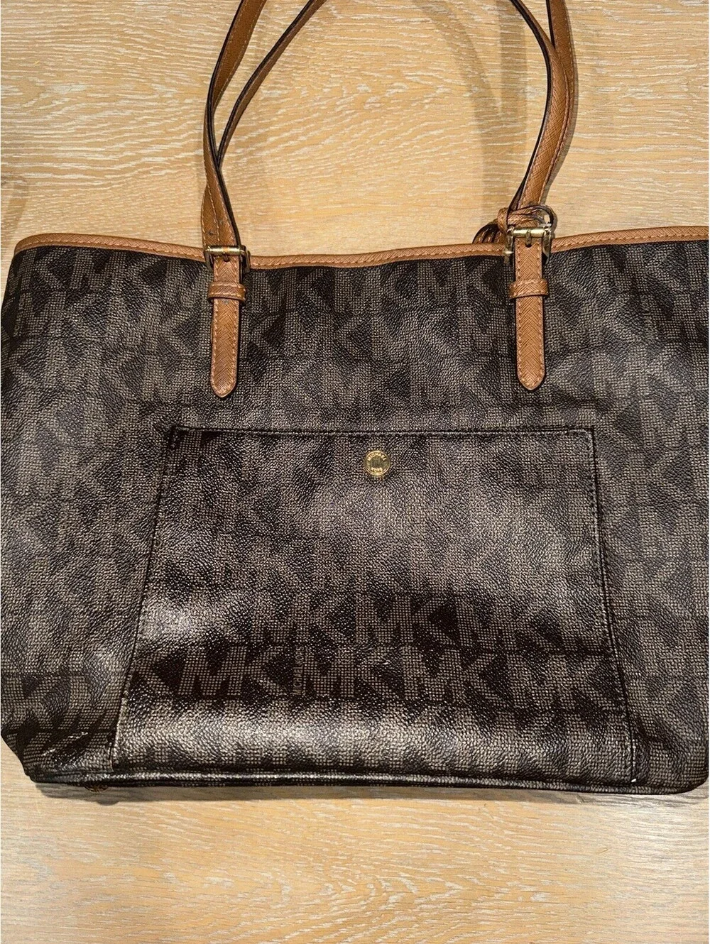 Michael Kors Jet Set Signature Snap-Pocket Tote Brown MK monogram Wallet Pouch